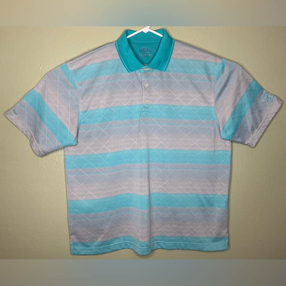 PGA Tour Mens XXL Gray Cyan Diamond Pattern Stripes Performance Golf Polo Shirt